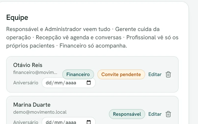 Tela do sistema: Equipe sem limite