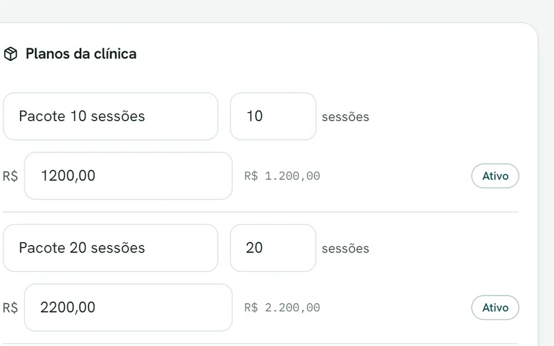 Tela do sistema: Pacotes e mensalidades